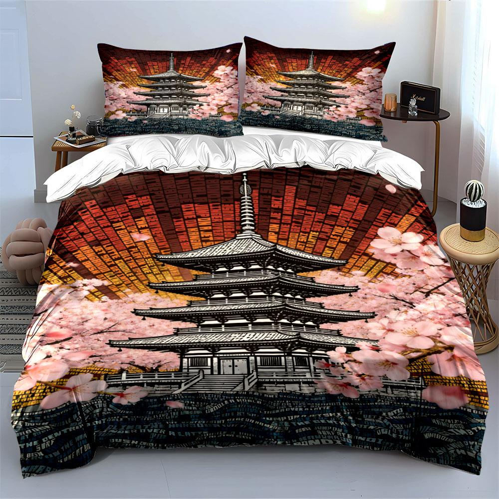 Pagoda and Cherry Blossoms. Bedding Sets Duvet Cover Sets Duvet Covers Pillowcases(1 * Duvet Cover 2 * Pillowcases, Without Duvet Insert)