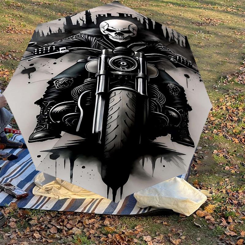 1pc Skull Biker Automatic Open/Close Umbrella Compact Folding Umbrella with 8-Rib Shaft for Women/Men, Portable Travel Umbrella,1211S