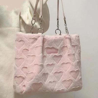 Sacs fourre-tout décontractés en fourrure pour femmes, jolis sacs à bandoulière en forme de cœur pour dames, sac à main en peluche de couleur unie à la mode
