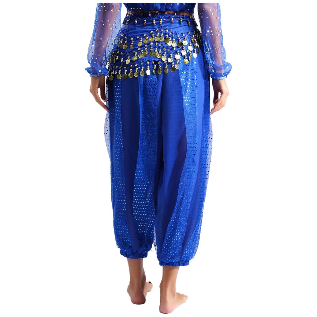 Womens Belly Dance Bloomers Harem Pants Elastic Waistband Sequined Layer Lace Up Hip Scarf Halloween Costume