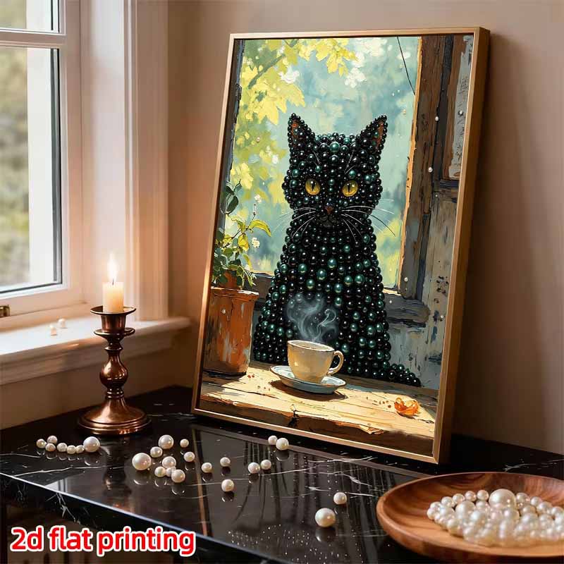 DIY Framed Pearl Bead Art Kit Black Cat Coffee Cup Pattern Sparkling Canvas Painting Set Relaxing Handmade Craft Gift Decor Home Supplies