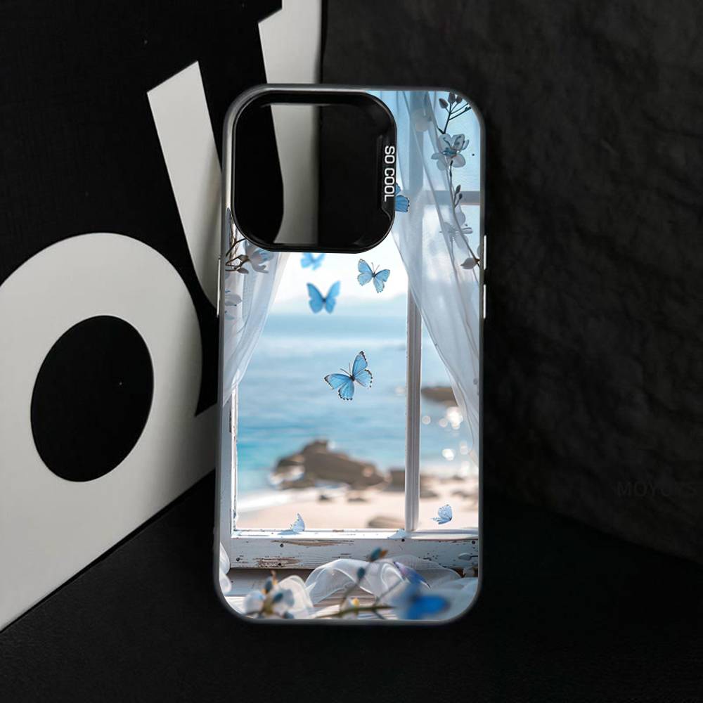 Blue Butterfly Ocean Waves Phone Case For iPhone 17 16 15 14 13 12 11 XS XR X Pro Max Plus Colored Silver Plated Cover