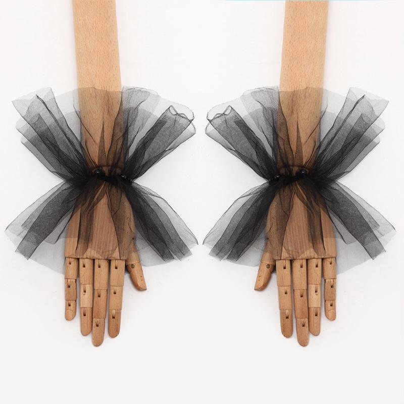 Black Dot Tulle Removable Fake Sleeves Elastic Mesh Lace Decorative Ruffled Wrist Cuffs For Bride Wedding Dress