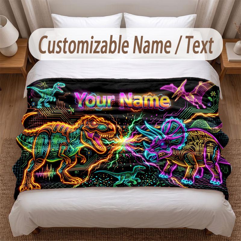 Dinosaur Theme Soft Blanket Personalized Custom Name Text Print Warm Blanket Home Sofa Bedroom Decor