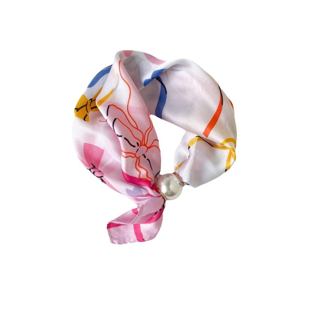 Lightweight Silk Scarf Breathable Printed Neck Scarf Accessory Pearl Buckle Scarf  Female