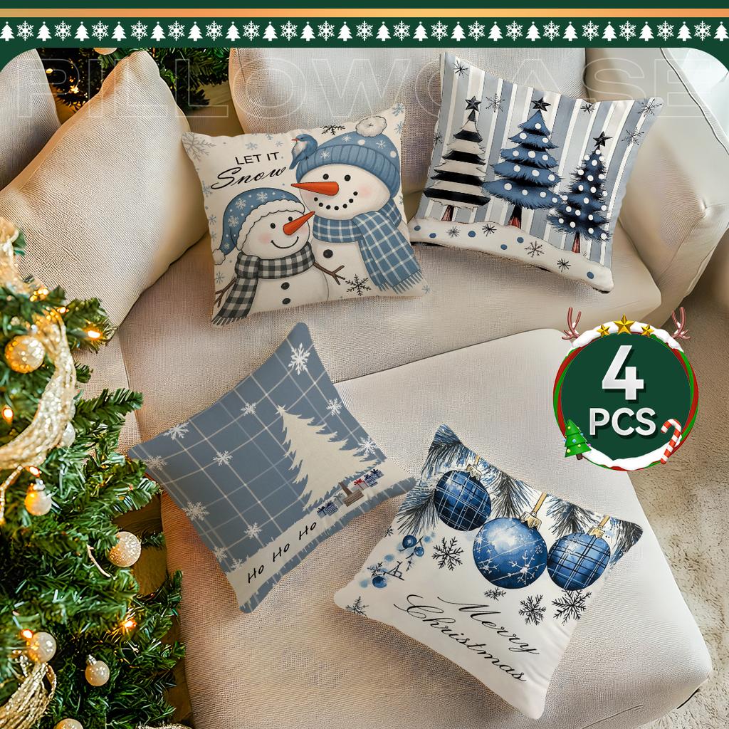 Blue Christmas Cushion Pillowcase Printed Polyester 45X45Cm Throw Pillowcover Decorative Sofa Cushion Pillowslip Home Decor