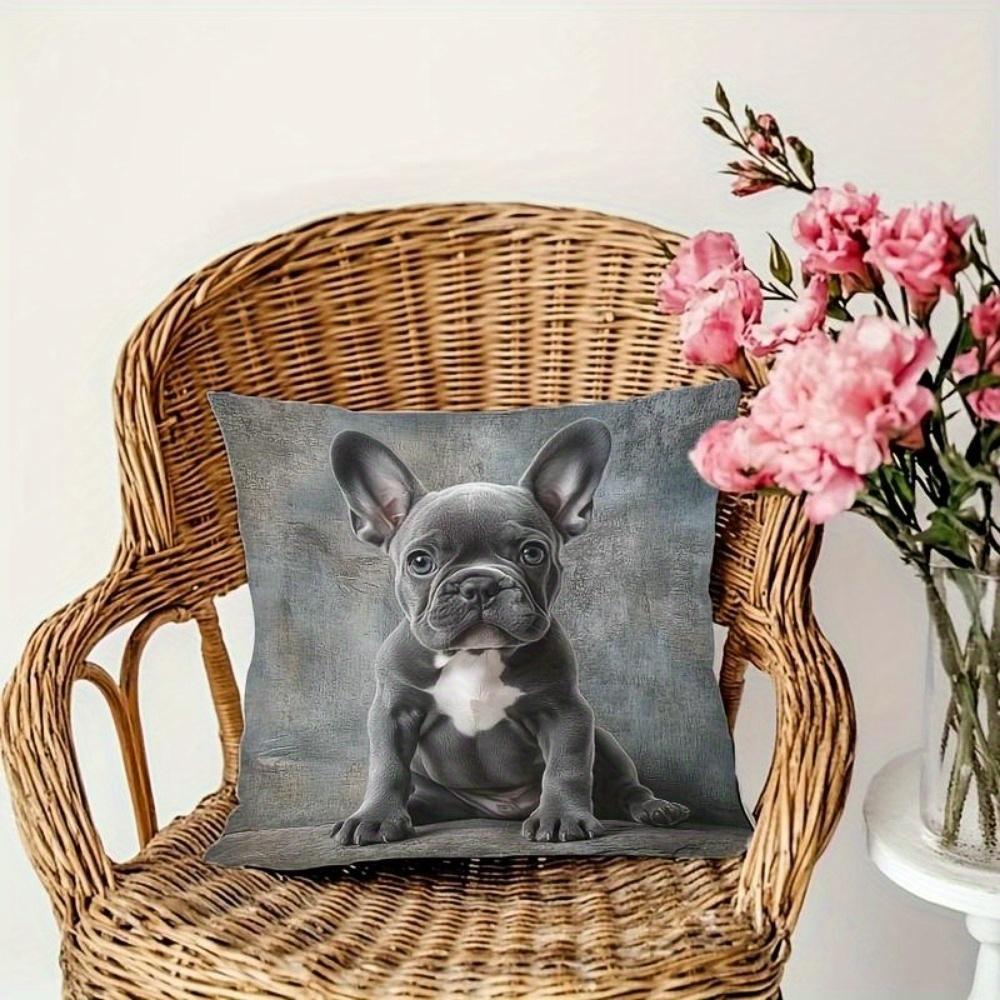 Schattige Blauwe Franse Bulldog Puppy Kussensloop, Realistische Huisdier Kunst Kussenhoes, Woondecoratie voor Bank Kusseninzet niet inbegrepen