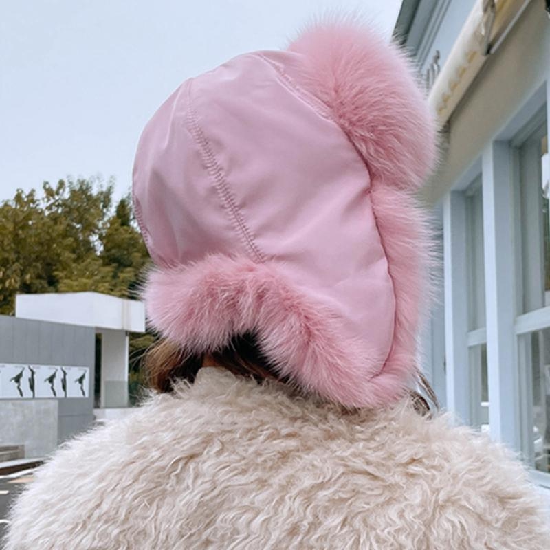 SOMALER Fox Fur Ear Flap Hats for Women Girls Trapper Ushanka Hat Colorful Fluffy Real Fur Beanie for Winter Warm Bombe Hat