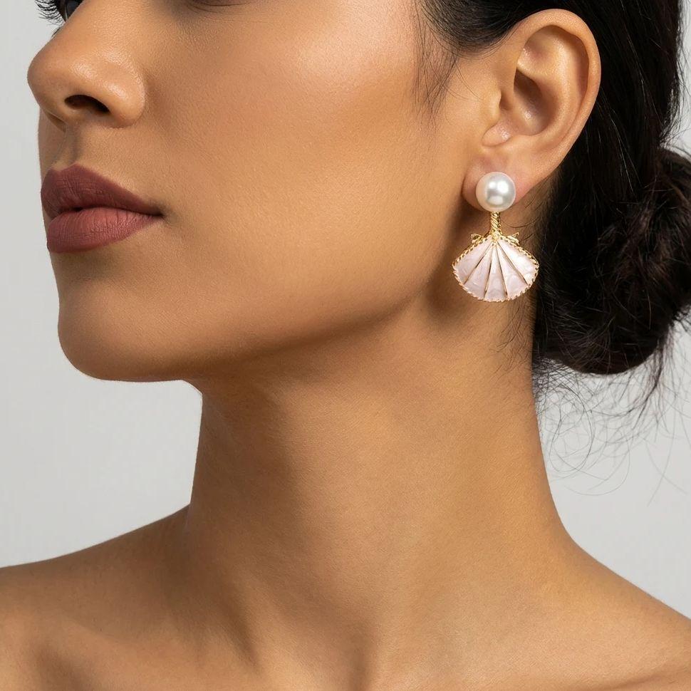Creative Ocean Blue Shell Pearl Stud Earrings For Women Vintage Dripping Oil Imitation Pearl Shell Texture Earring Party Jewelry
