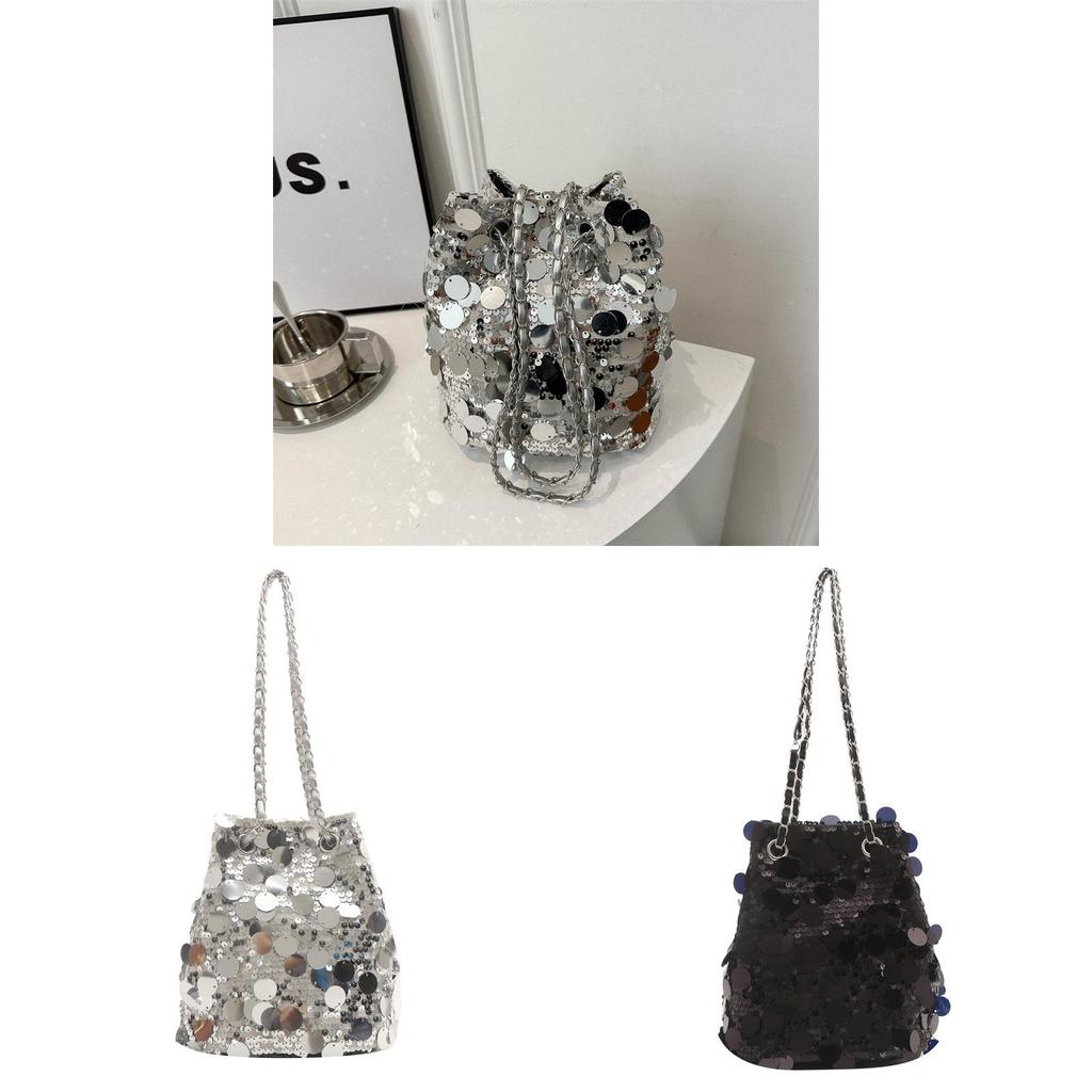 Sequin Small Bucket Bag With Chain Strap For Street Style Daily Use