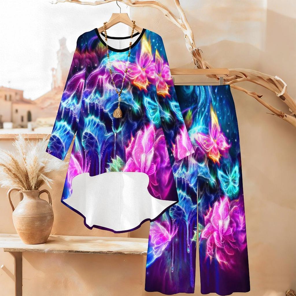 Halloween Print Two Piece Outfit Women Long Sleeve Irregular Hem Tunic Top Wide Leg Pants Casual Matching Set