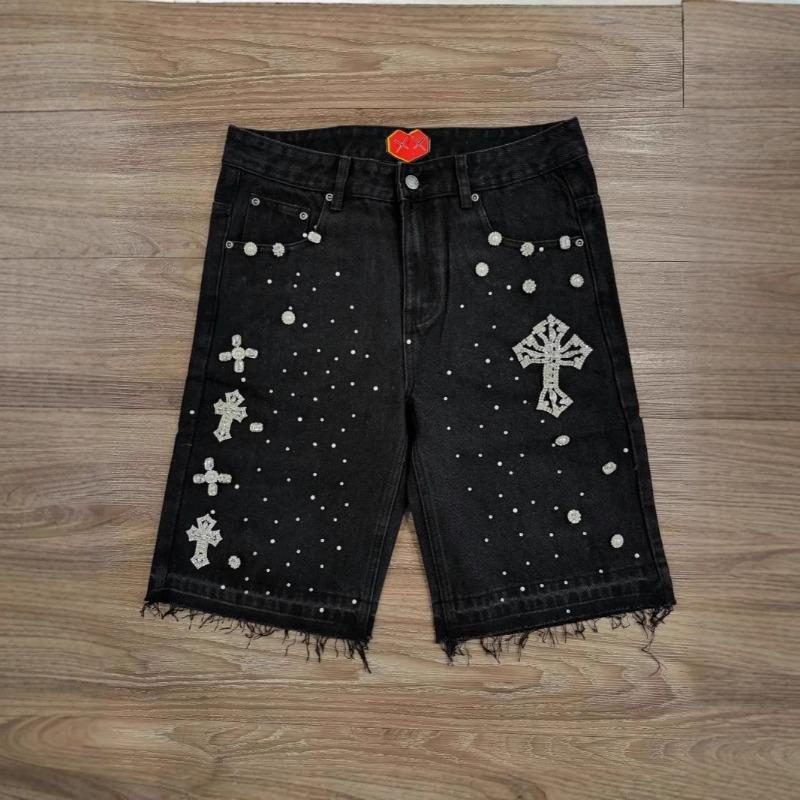 Shorts Dritti in Denim a Ginocchio Hip Hop High Street con Strass a Forma di Croce
