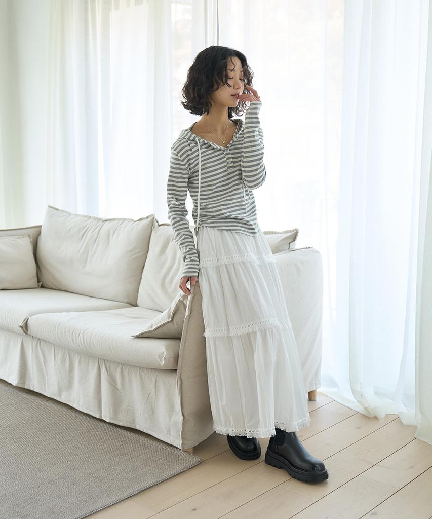 The Green Lab Tassel Frill Tiered Long Skirt [Ivory]