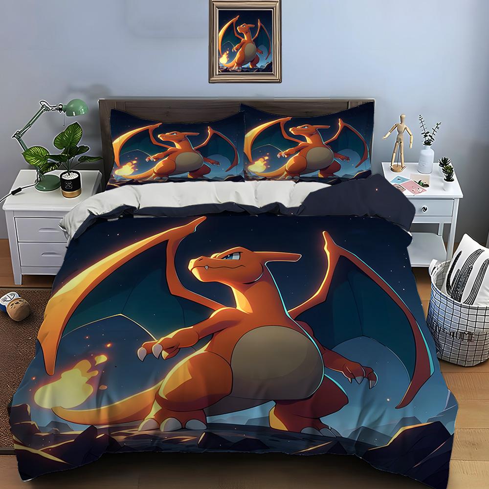 10 Sizes Pokémon Charizard Print Bedding Set 3 Pieces Setting Bed King Size Pillowcase Adult Bed Cover Bedroom Bed Set for Gifts