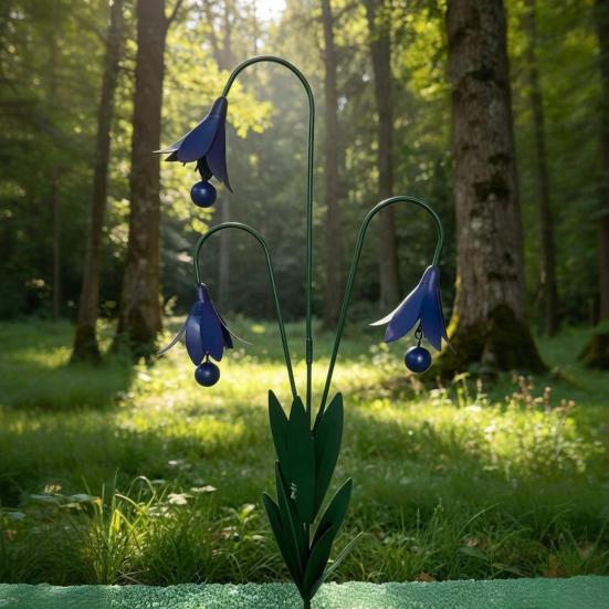 Triple Bluebells Garden Handmade Metal Art Rustic Stake with Bells Flower Yard Decorative