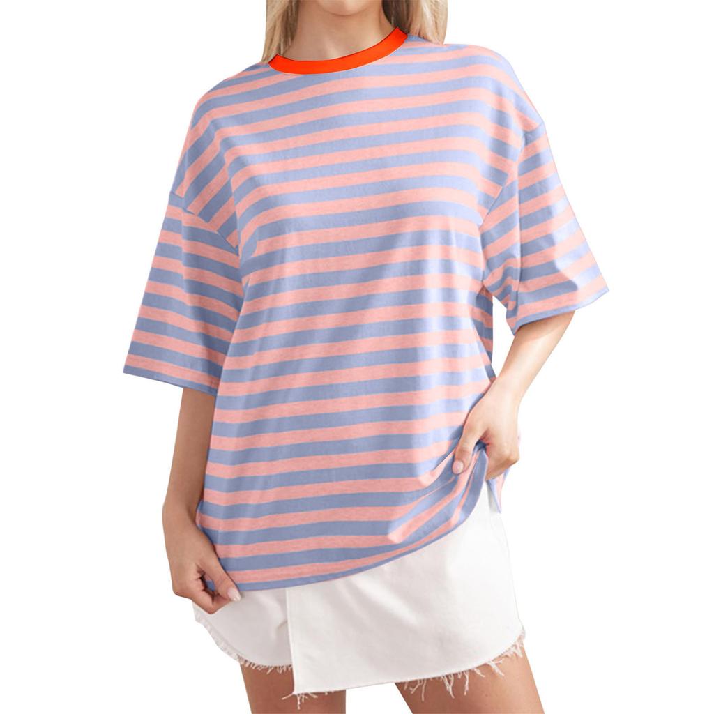 IHUASU Women's Fashion Casual Summer Spring Stripe Print 1/2 Sleeves O-Neck Blouses & Shirts