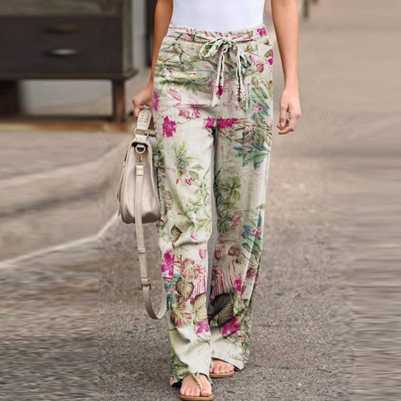 Summer Fashion Casual Simple Comfortable Elastic Waist Cotton Hemp Large Size Printed High Waist Wide Leg Pants
