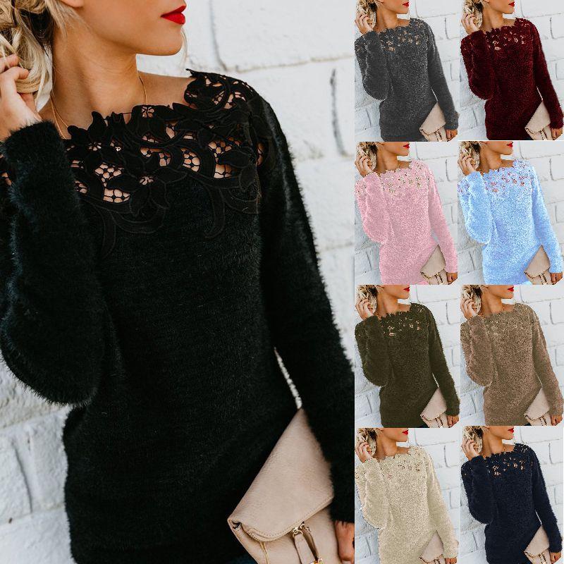 Pulovere confortabile de damă pentru toamnă-iarnă, din fleece, cu design elegant din dantelă, pentru stil