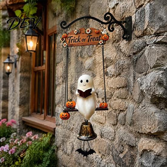 Halloween Hängende Glockendekoration Geist Windspiel Wandbehang, Veranda Hof Dekoration mit Harz Metallglocke, Festliches Vintage Bauernhaus Ornament für Garten