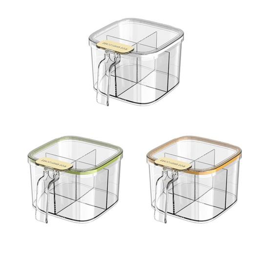 Kruidenbox met 4 vakken en klikdeksel met lepel Transparante kruidenpot Stapelbare Plastic Keukenorganizer voor Zout Suiker Kruiden