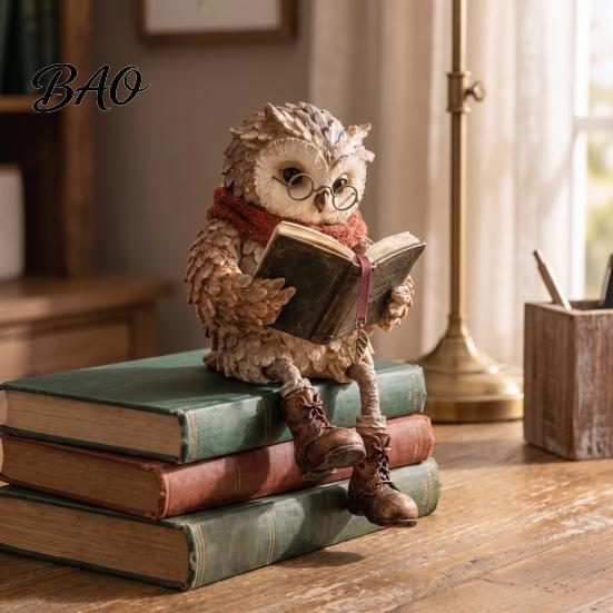 Reading Owl Statue for Home Decor Figurine, Creative with Glasses Scarf Boots And Open Book, Decorative Animal Figure Mantel Sculpture Book Nook Shelf