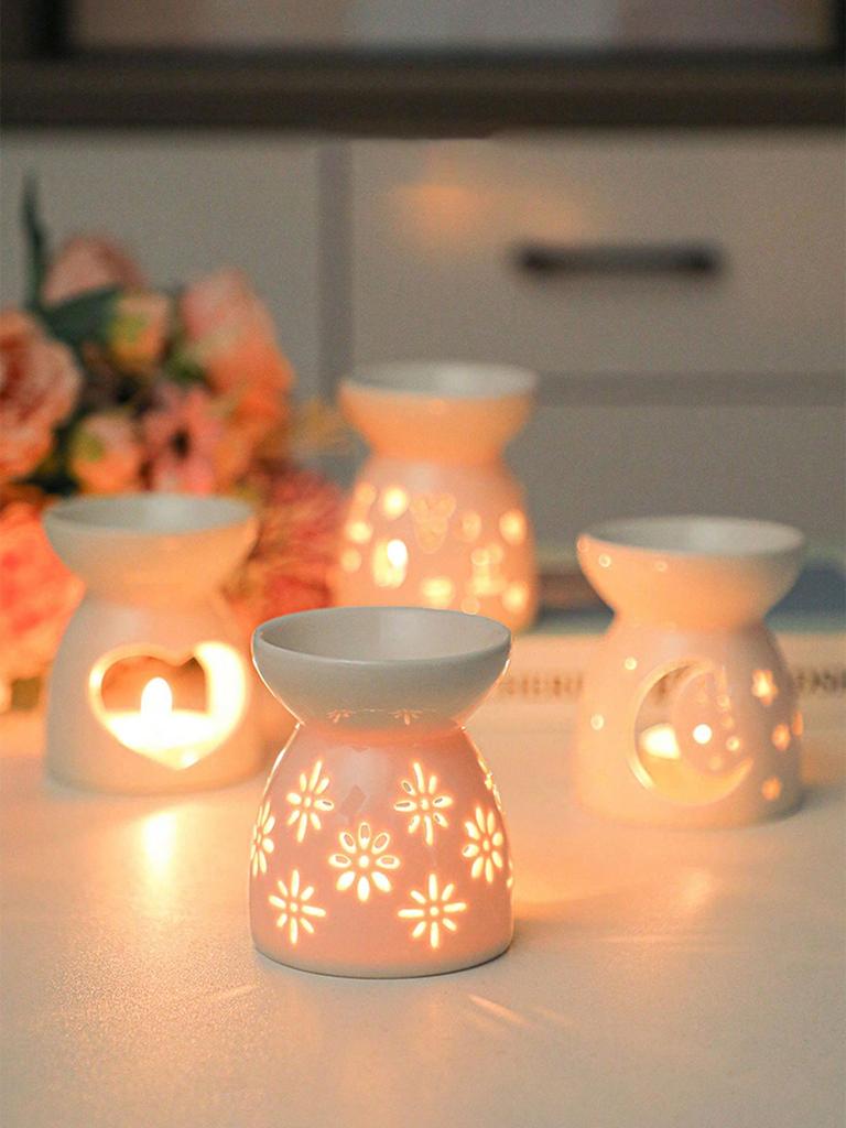 Delicate Mini Ceramic Hollow Floral, Heart, Moon & Star Shaped Aromatherapy Candle Holder, Fragrance Oil Diffuser Burner.