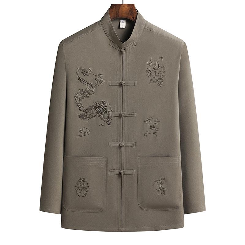 Chinese Style Embroidered Tang Suit Tops Men's Practice Clothes Morning Exercises Chinese Style Disc Buckle Atmosphere Solid Color Embroidered Tops