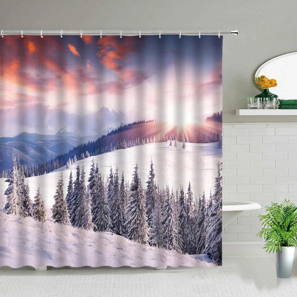 Winter Snow Scene Shower Curtains Trees Natural Scenery 3D Print Waterproof Bathroom Decor Home Bathtub Polyester Curtain Set
