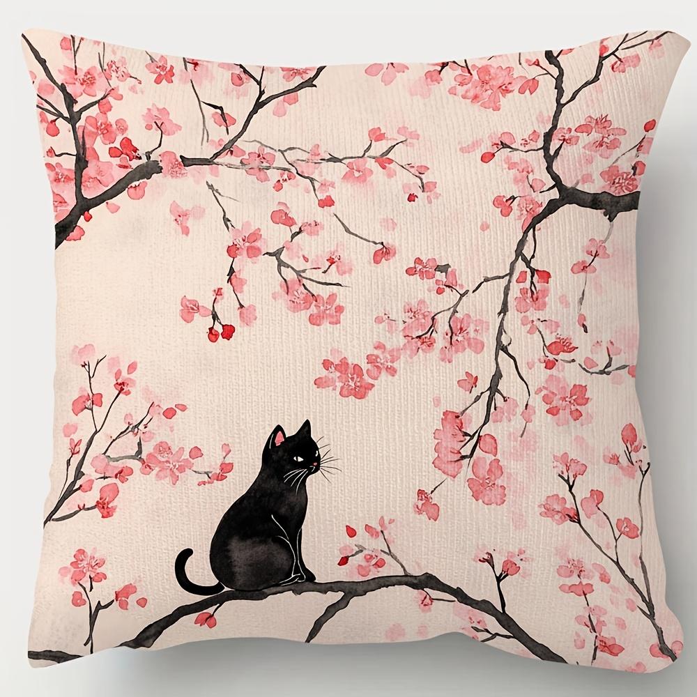 Cherry Blossom Black Cat Pillow Cover Watercolor Print Cushion Case Oriental Sakura Home Decor Gift