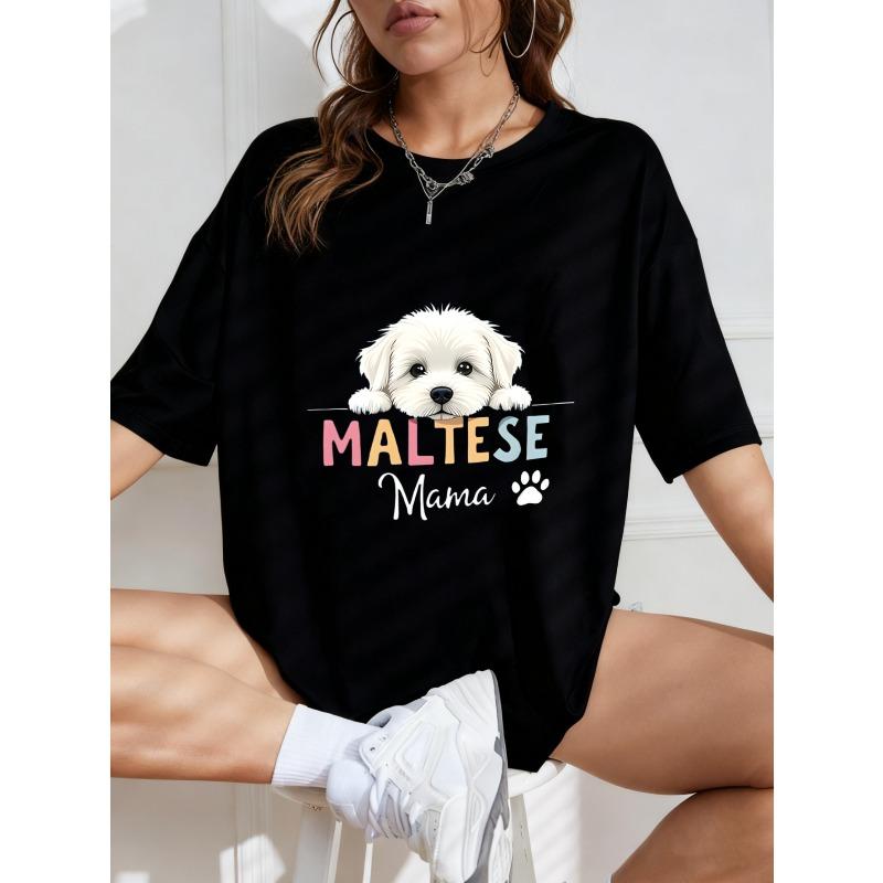 Camiseta Blanca Perro Maltés Mamá Estampado Ropa Casual Para Mujer