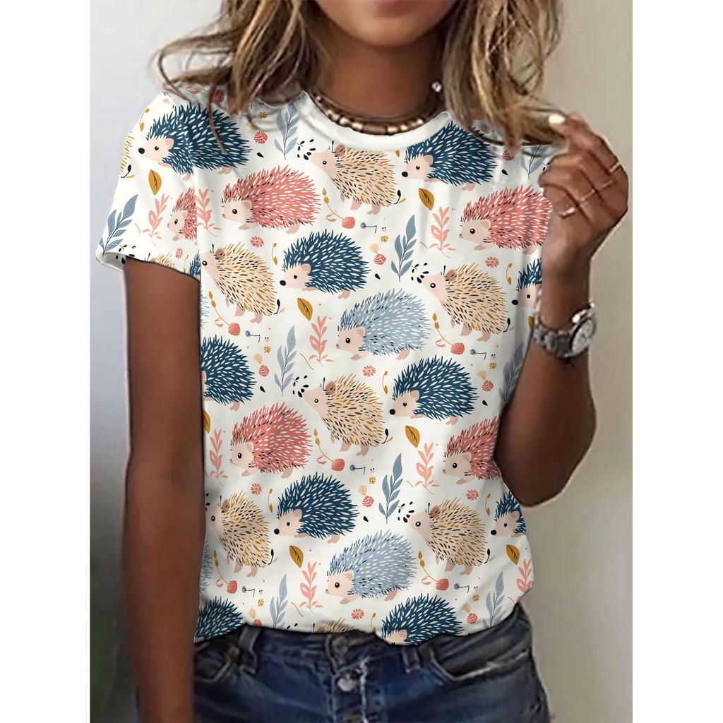 Sommer Damen T-Shirt Tier Igel Druck Lässig O-Ausschnitt Kurzarm Pullover Täglich Outdoor Damen T-Shirt Übergroße Kleidung