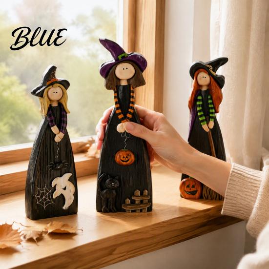 Sturdy Wooden Halloween Centerpieces Witch Ornaments, Distressed Figurines, Retro Tabletop Spooky Figurines for Decoration with Pumpkin Designs