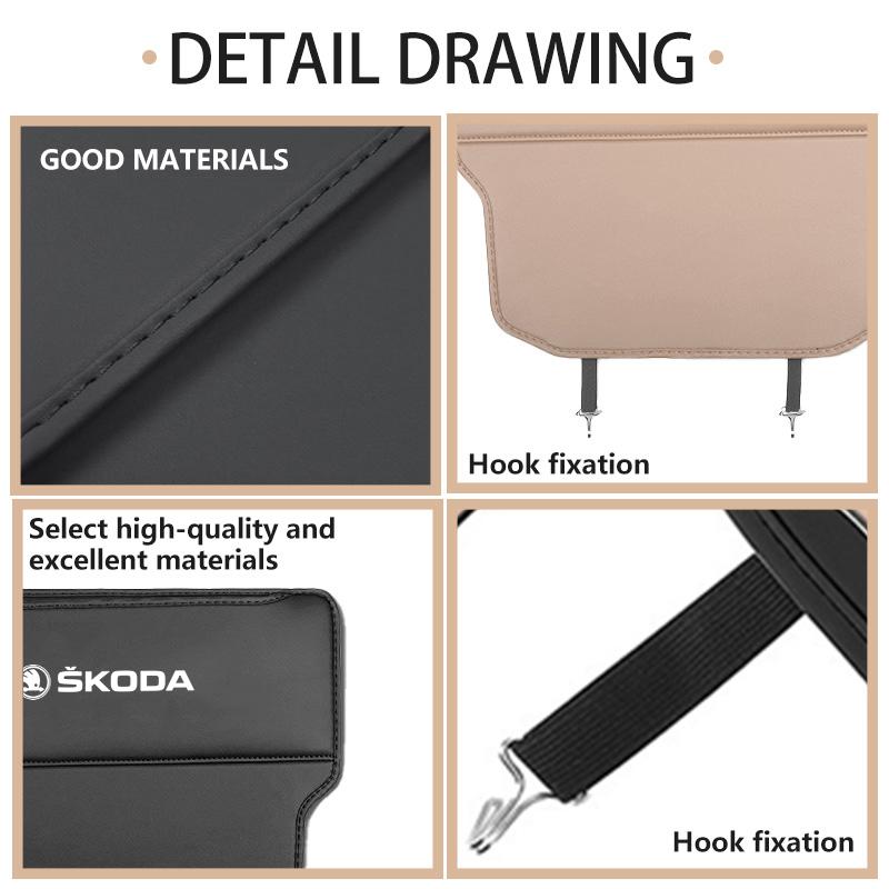 VIJT4 Leather Car Seat Back Anti Child Kick Pad Protector Mat Anti-Dirty Pad Storage Bag For Skoda Fabia Kodiaq Kamiq Superb Yeti