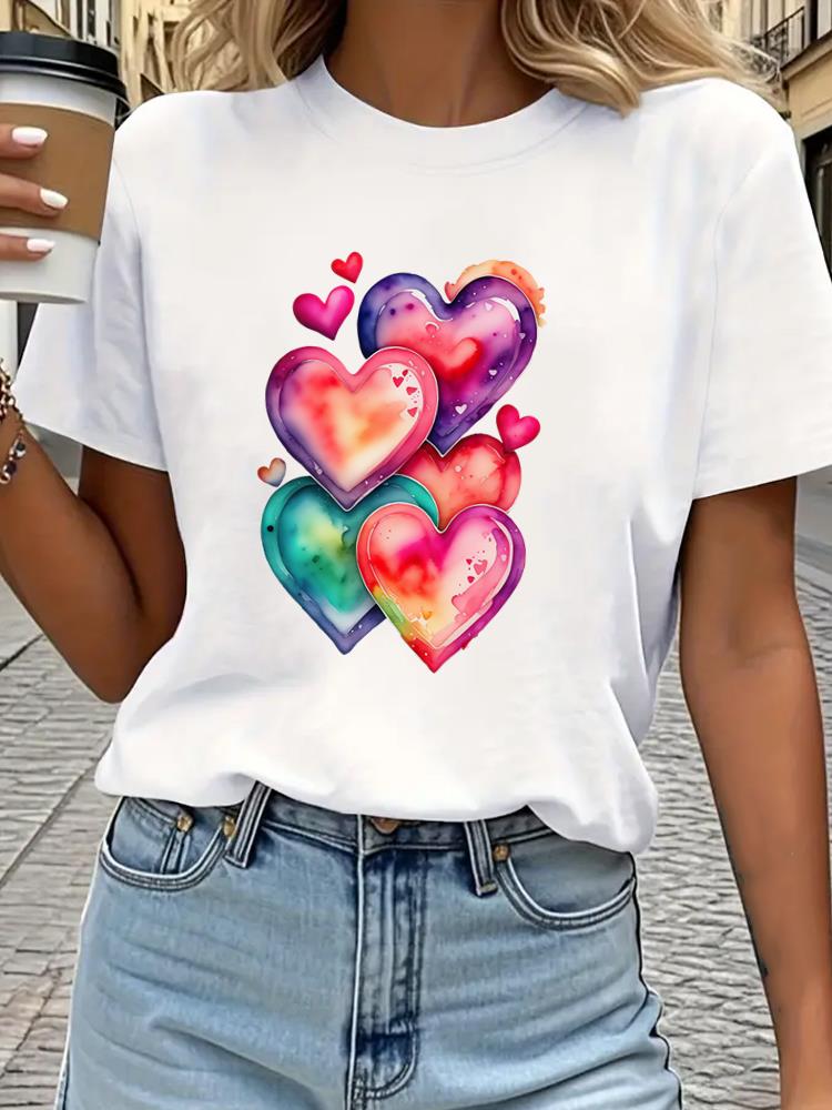 (Asian Size) Tee Top Print Sweet Love Style Cute Women Woman Fashion Clothing Short Sleeve T Shirt  Female Graphic T-shirts