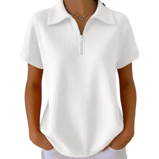 Women Tops Lapel Short Sleeve Zipper Half Placket Shirt Tops Pure Color Waffle Texture Loose Fit Casual Shirt Home Dates Versatile Wear
