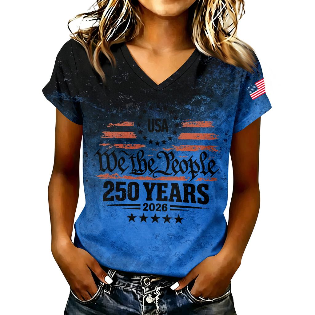 Women's Fashion V-Neck Casual Letter Graphic Print Short Sleeve T-Shirt Top for Everyday Wear