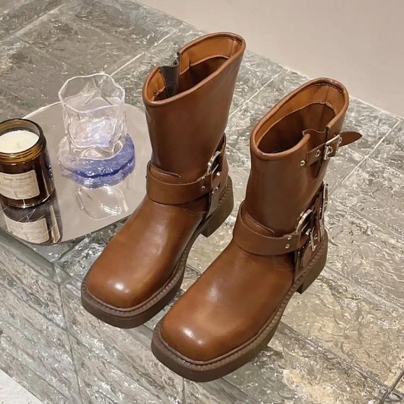 Coarse heeled female  British style retro square toe short boots with sleeves Western cowboy boots Knight boots