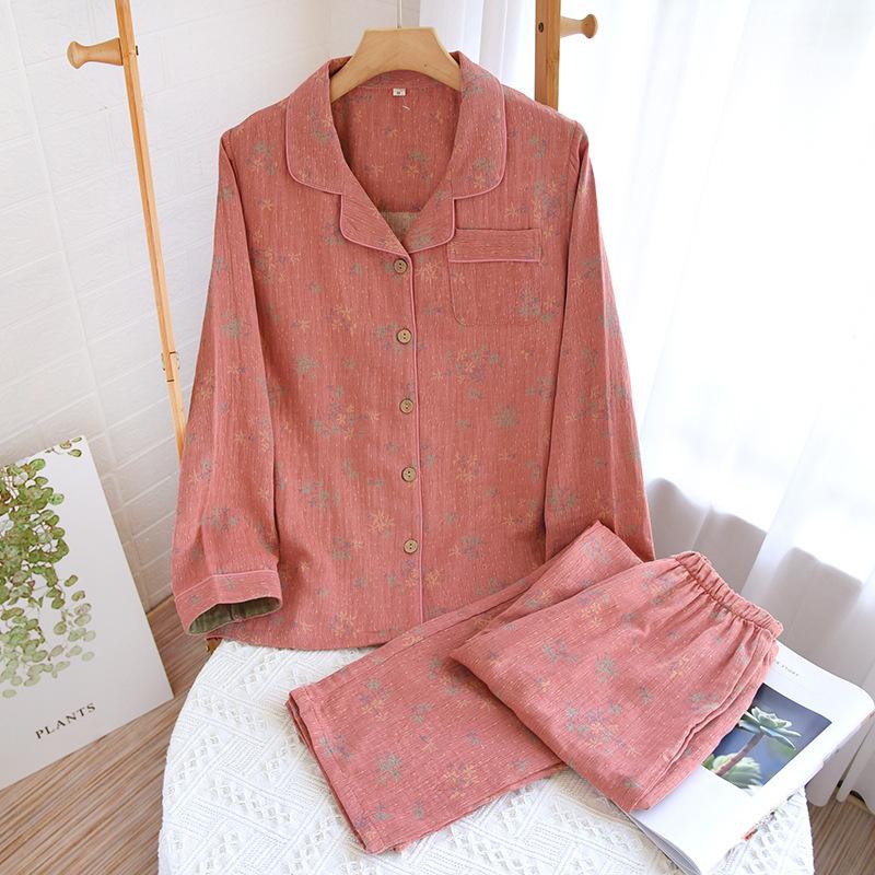 Spring Autumn Ladies Women Pajamas Set Vintage Leaves Printed Cotton Turn-down Collar Long-sleeve Trousers