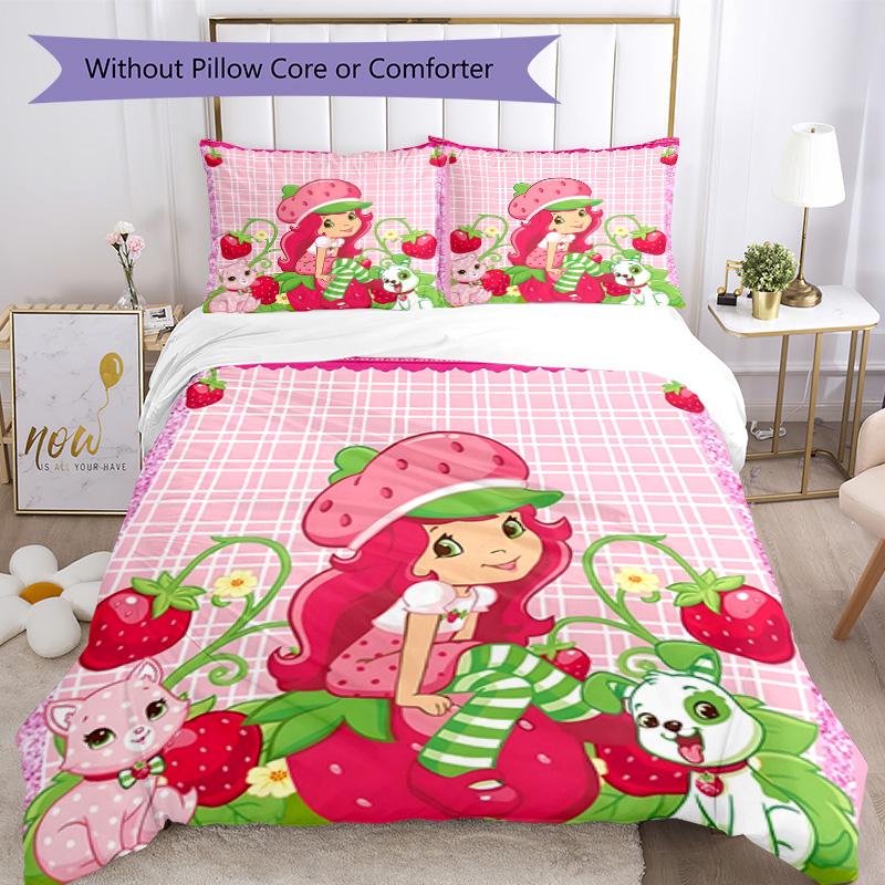 3pcs Princess Strawberry7 Design Cover Set - HD Printed Bedding with 1 Cover and 2 Pillowcases - Perfect for Home and Dorm Decor