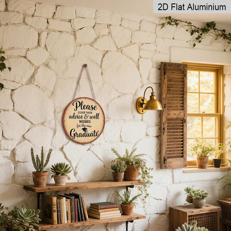 2D Flat, 2D Flat Vintage Graduation Sign - 7.87 Inch Round Aluminum Plaque with Graduation Cap Design, "Please Leave Your Advice & Wishes" Message