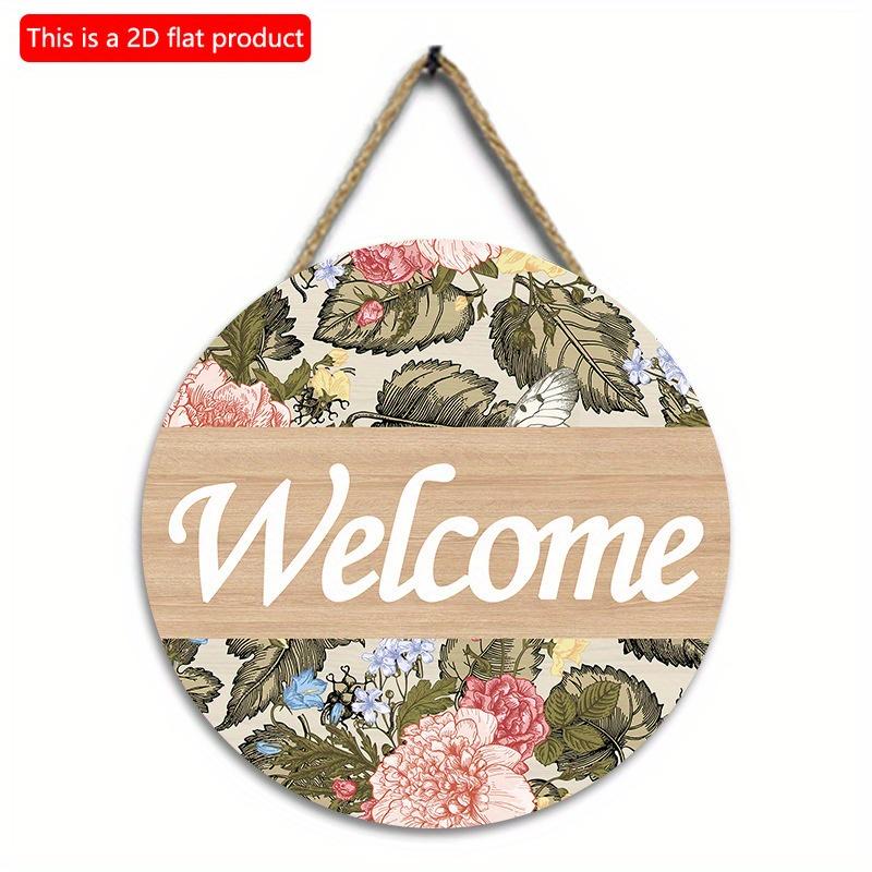 2D Flat 20*20cm1pc Welcome Beautiful Colorful Flower&leaves&Butterfly Print Wooden Crafts Round Door Signs, Decorative Art Plaque Gift For Friends