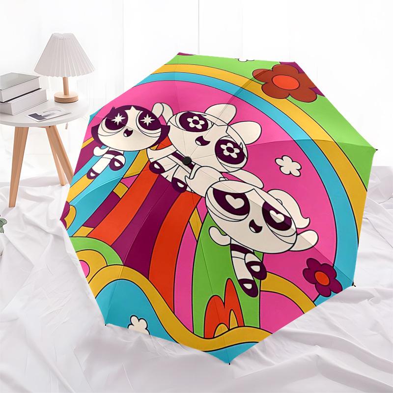 1pc Powerpuff Girls Automatic Opening Folding Umbrella with 8-Bone Iron Frame - Outdoor for Fans, Travelers, Everyday Use, Festival Gift.P003