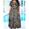 Plus Size Print Short Sleeve Maxi Dress, V Neck Loose Casual Sundress With Side Pockets,Summer Beach Vacation Long Dress