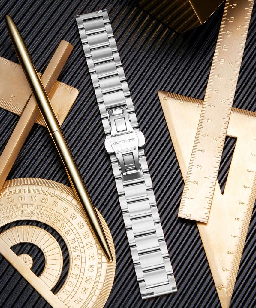 BINLUN Rostfritt Stål Klockarmband Ersättning Högpolerad Matt Borstad Finish Solid Rem Silver och Rem, (Polerad Svart, 22mm)