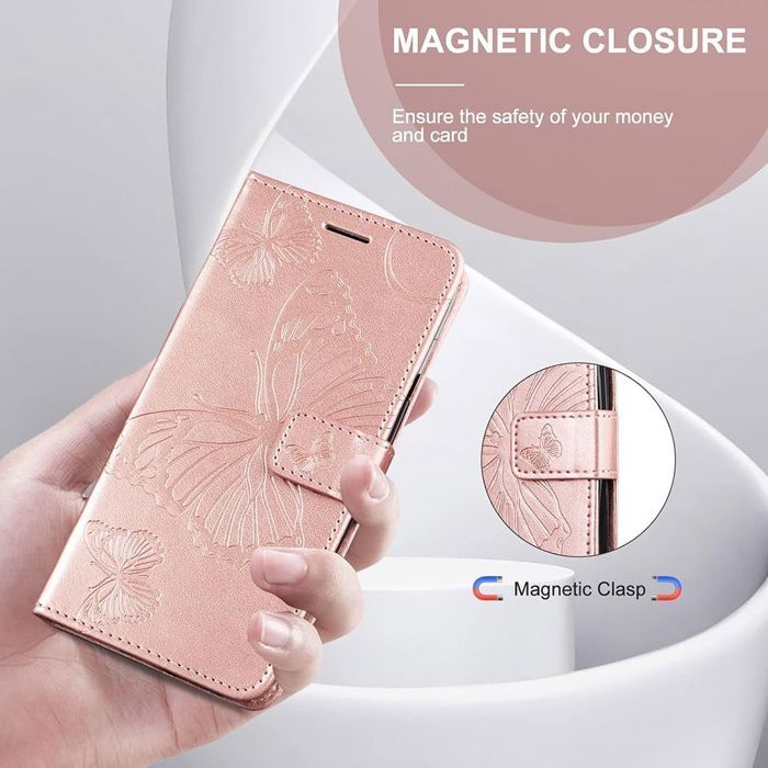 Case for iPhone 18 Pro Max, Shockproof Scratch-Resistant PU Leather Pink Embossed Butterfly Pattern