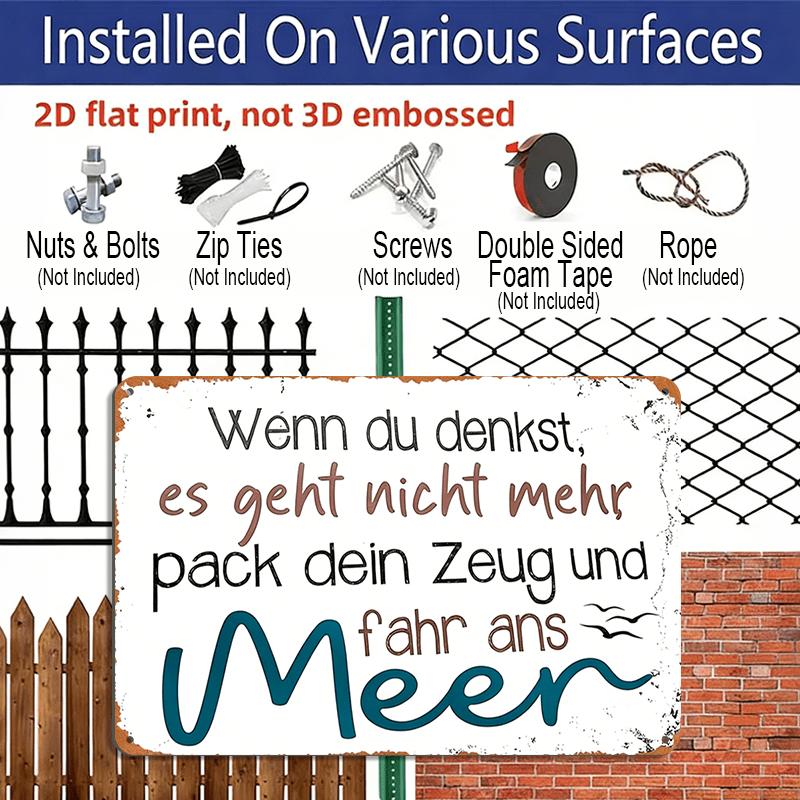 2D Flat, 1pc Vintage Aluminum Wall Art Sign with Inspirational German Quote & Seagull Design - 8.0X12.0 Inch Rustic Metal Plaque for Home, Office