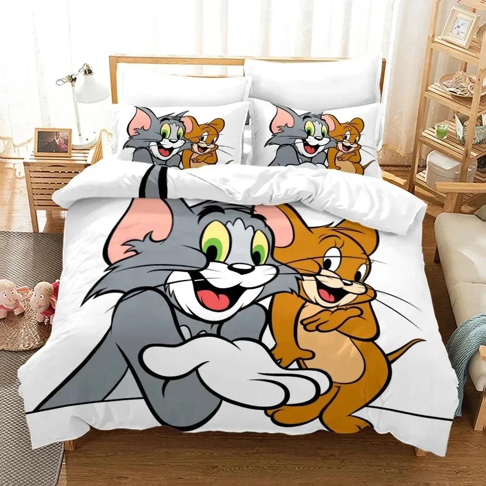 Set Biancheria da Letto Cartone Animato T-Tom Mouse e Gatto J-Jerry Copripiumino Set Letto Coperta Federa Piumone Matrimoniale Queen Size Bambini Adulti