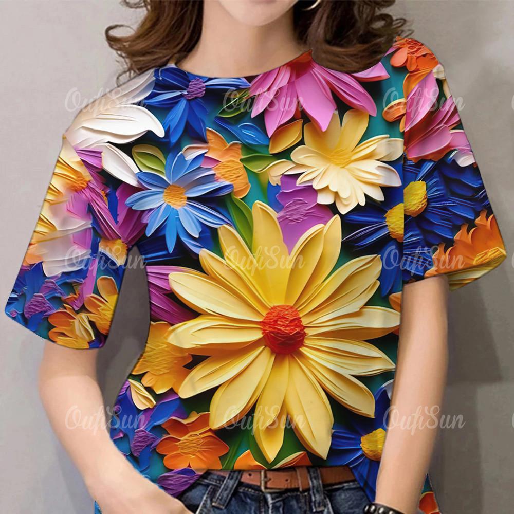 Women's Clothing Floral Pattern T-shirt Top Printed T-shirt Short Sleeved Casual Streetwear Women's Oversized T-shirt