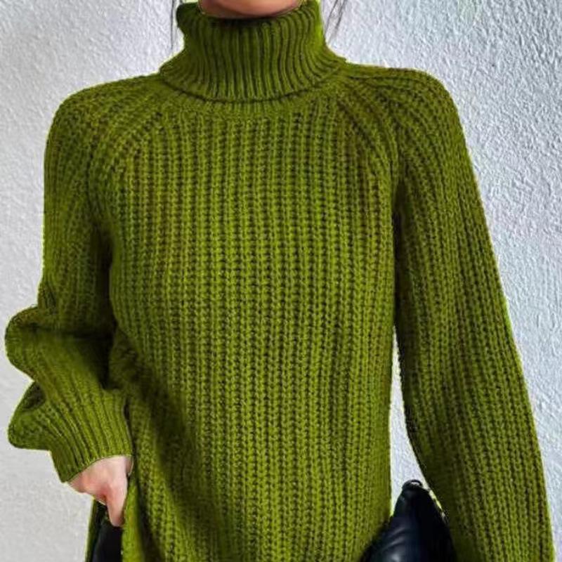 Autumn and Winter New High Collar Knitted Shirt Medium To Long with Insert Shoulder Sleeves High Collar Fork Soft and Comfortable Women's Wear