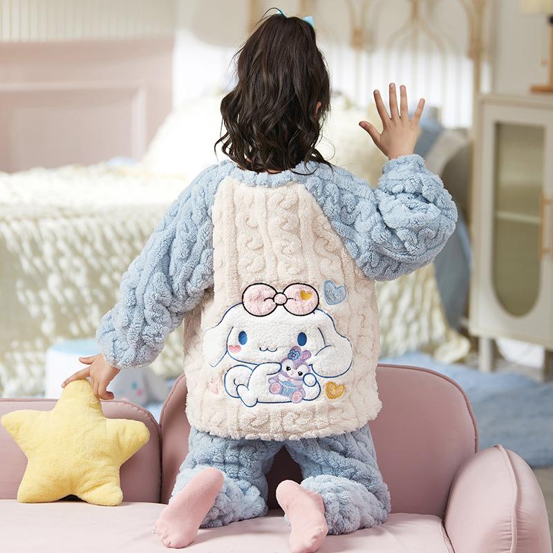 Kids Flannel Pajamas Set Boys Girls Warm Long Sleeve Top And Pants Sleepwear Winter Home Nightwear
